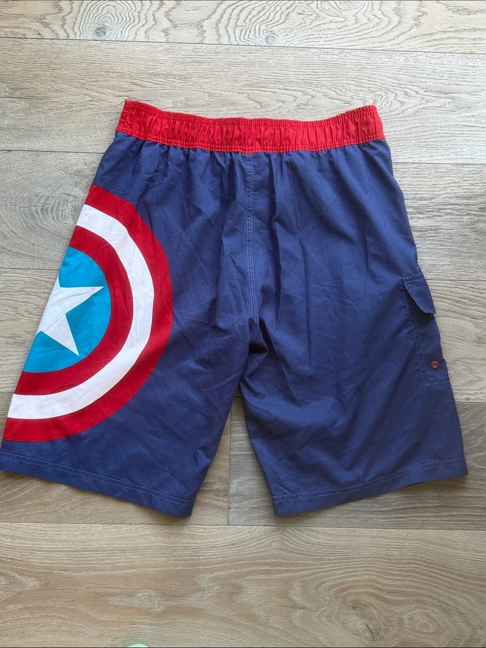 Marvel Captain America Swim Cargo Pocket Shorts Mesh Lined in Navy, Red & White